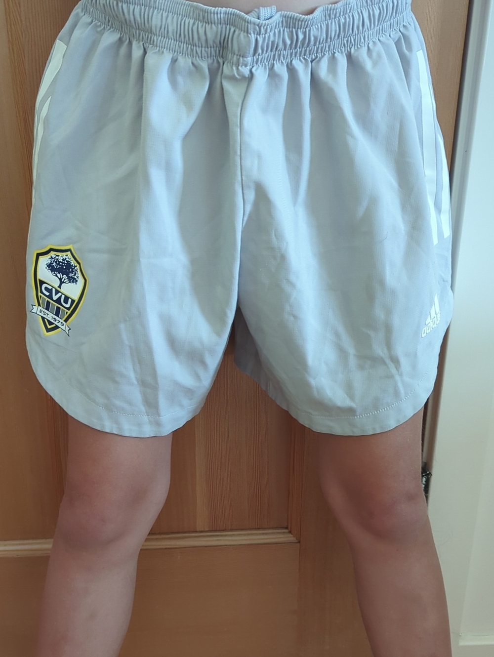 adidas Light Gray Athletic Shorts with White Stripes and CVU Patch